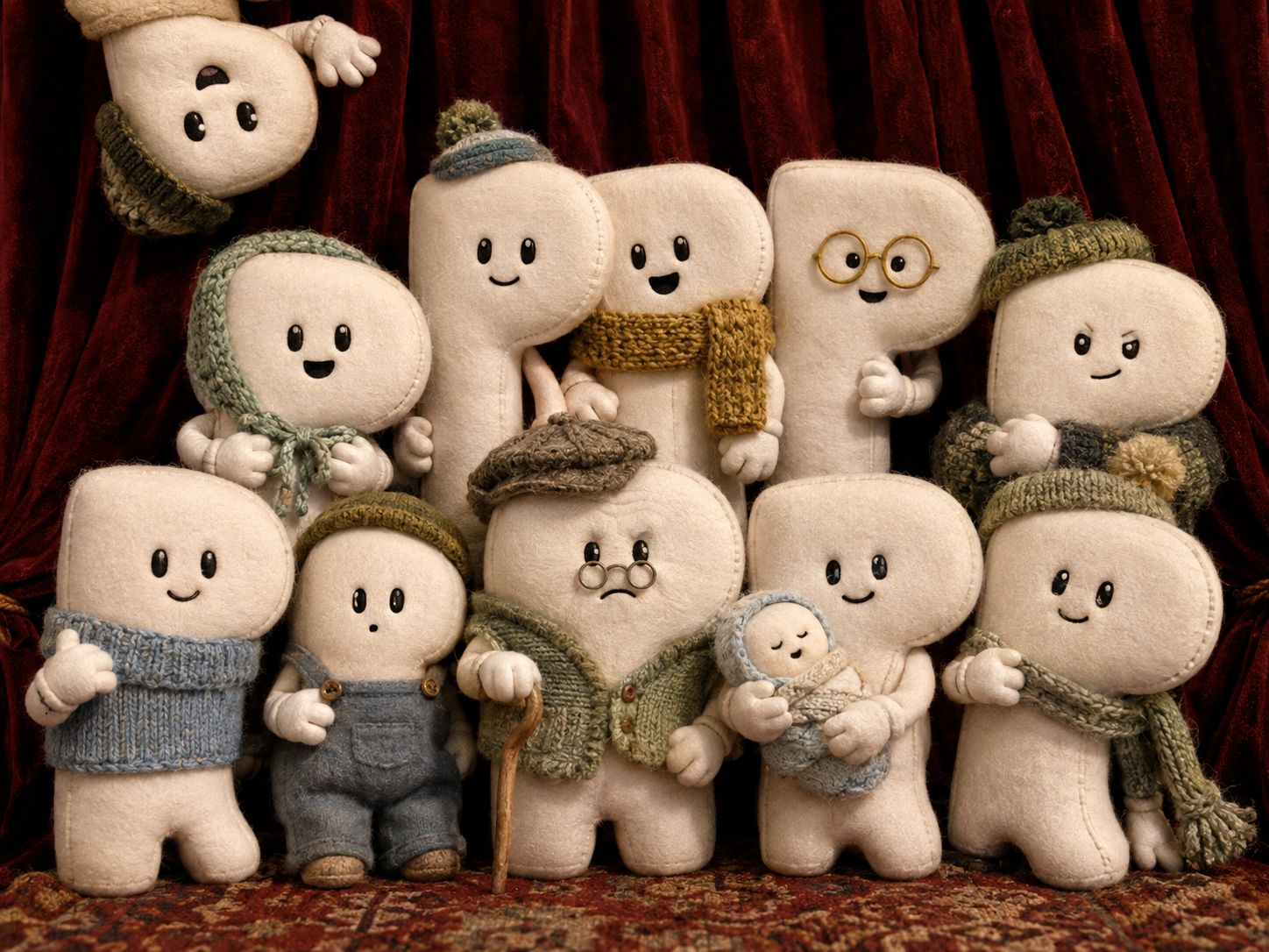 A crowded formal portrait of twelve handcrafted white Pons relatives