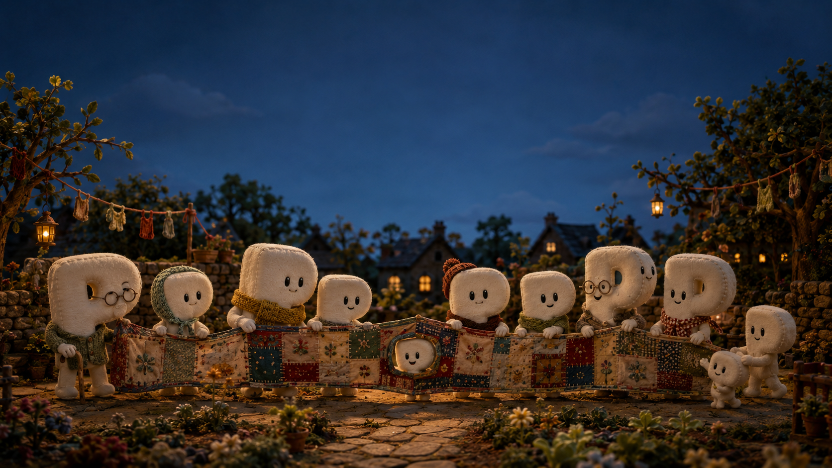 A handcrafted white Pons family holding together around a patchwork quilt